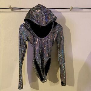 Shimmering Silver Hooded Bodysuit